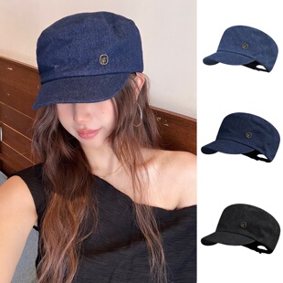 藏蓝色老钱风牛仔平顶帽显脸小女秋天复古英伦风马术鸭舌帽贝雷帽