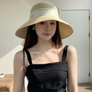法式田园风蕾丝蝴蝶结草帽女夏海边沙滩遮阳帽大帽檐防晒太阳帽子