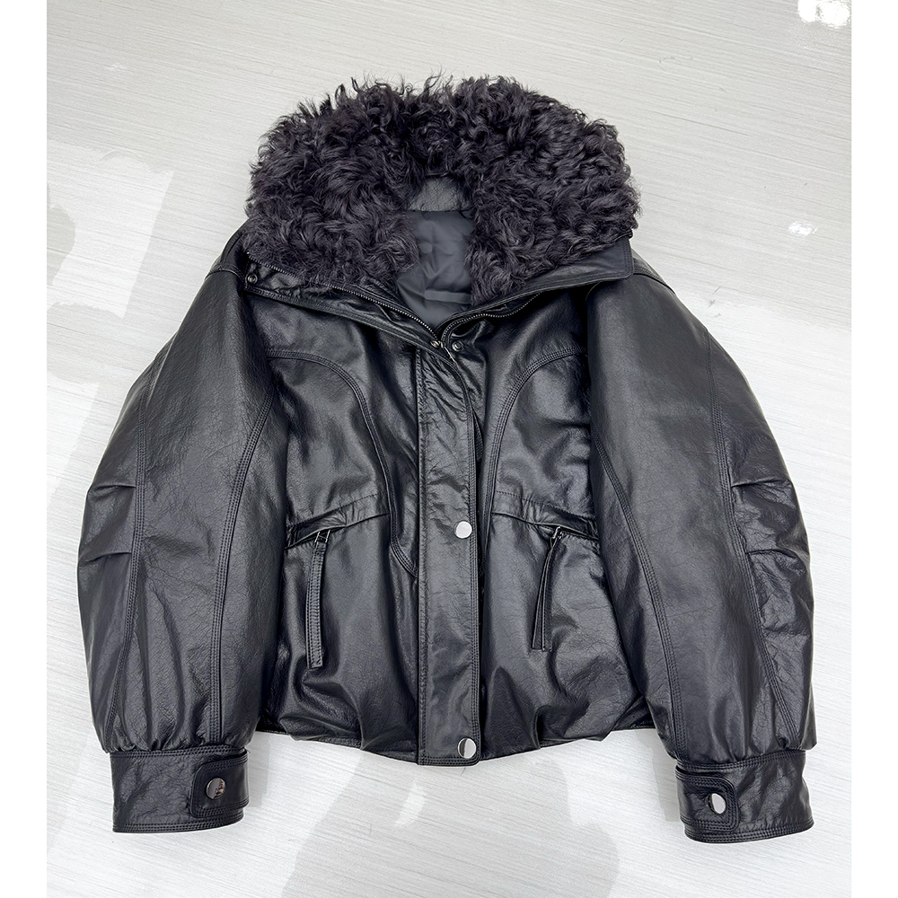 羊羔毛领小黄牛真皮短款外套女黑色羽绒保暖休闲百搭皮衣25159
