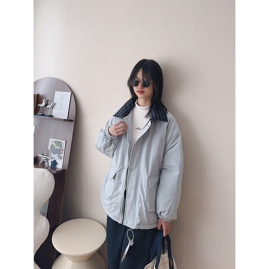 女童棉服 2025冬新款高中生休闲格子上衣拼接夹棉外套洋气派克服