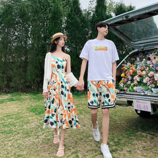 一裙一衣海南三亚旅游度假拍照碎花吊带裙 夏季 海边情侣装 沙滩套装