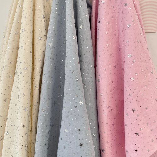 布亦 粉色蓝色五角星立体镶钻印花布料裤子外套烫钻点点流行布料