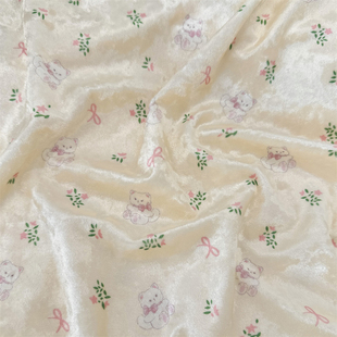 布亦 窗帘毛绒布 可爱蝴蝶结小熊印花光泽感丝绒面料沙发抱枕服装