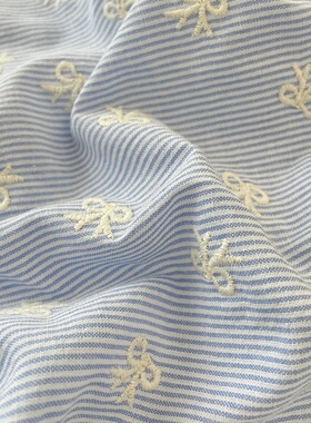 布亦小清新ins细条蝴蝶结蓝色重工刺绣布料连衣裙衬衫窗帘手工diy