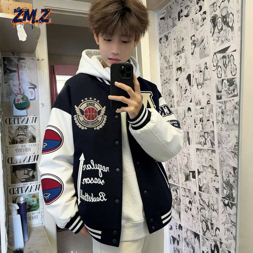 ZM.Z美式潮牌毛巾绣字母刺绣夹棉加厚棒球服夹克宽松外套羽绒棉服