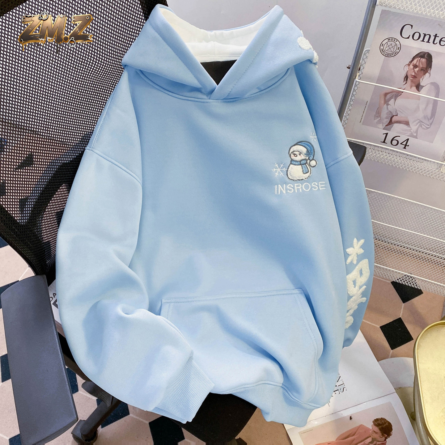 ZM.Z国潮牌圣诞雪花字母刺绣连帽衫卫衣男款秋冬加绒加厚宽松外套