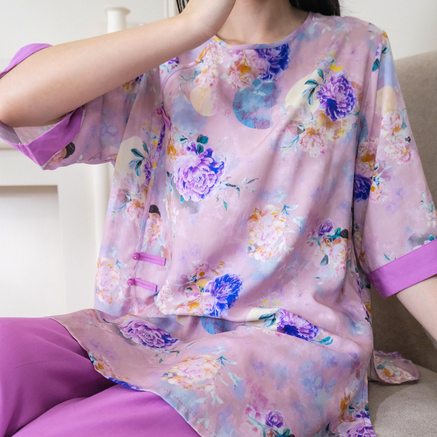 宫廷风印花女士睡衣女宽松可外穿春夏家居服改良汉服棉绸两件套装