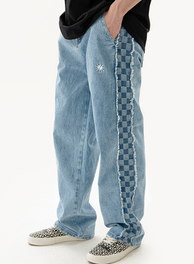GETWITHIT棋盘格子侧带拼接毛边水洗直筒宽松复古国潮牌牛仔裤子
