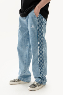 GETWITHIT棋盘格子侧带拼接毛边水洗直筒宽松复古国潮牌牛仔裤 子