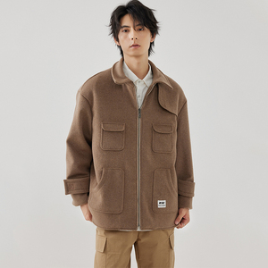 BYEK 23AW设计感日系纯色潮流毛呢大衣短款夹克休闲翻领工装外套