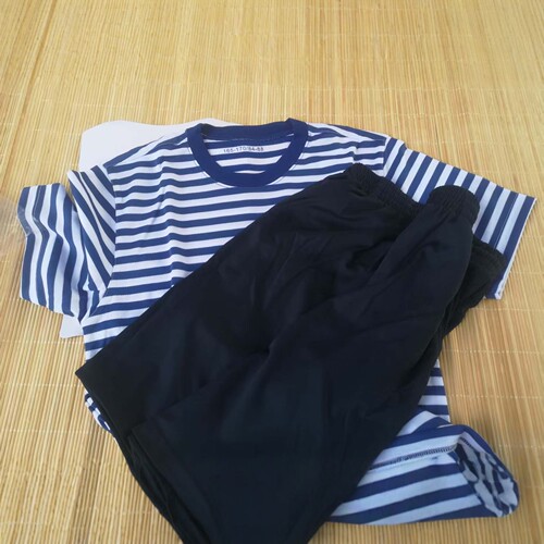 男女式蓝白条纹速干面料海魂短袖衫+短裤速干海魂衫 长袖圆领衫