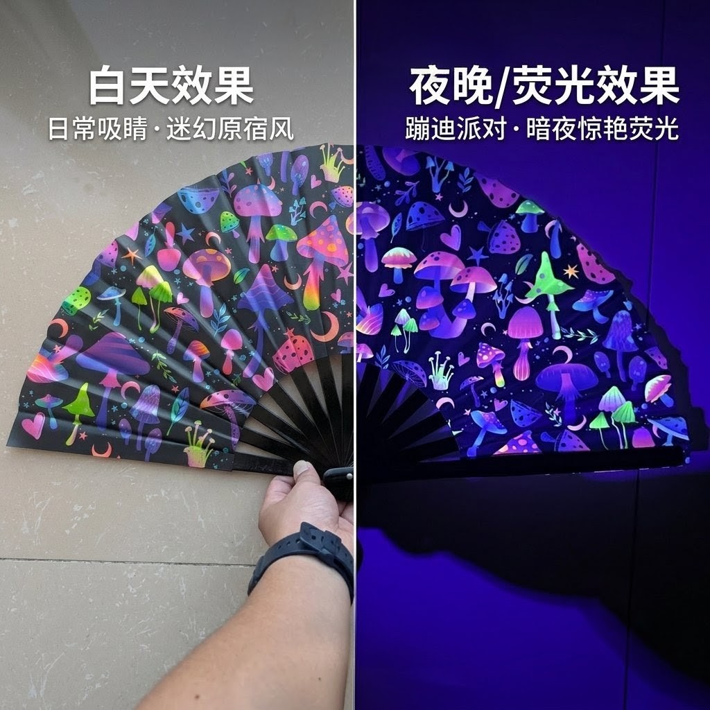 跳舞扇夜店uv反光荧光小蘑菇竹扇