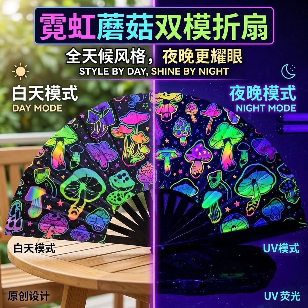 发光扇夜店uv反光荧光蘑菇竹扇