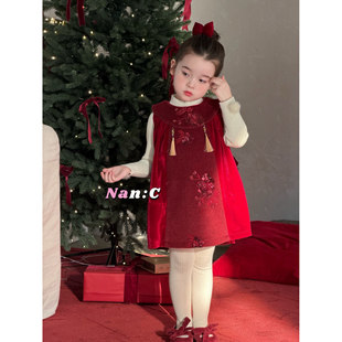 Nan:C女童新中式连衣裙2025冬新款儿童红色刺绣背心裙流苏年服