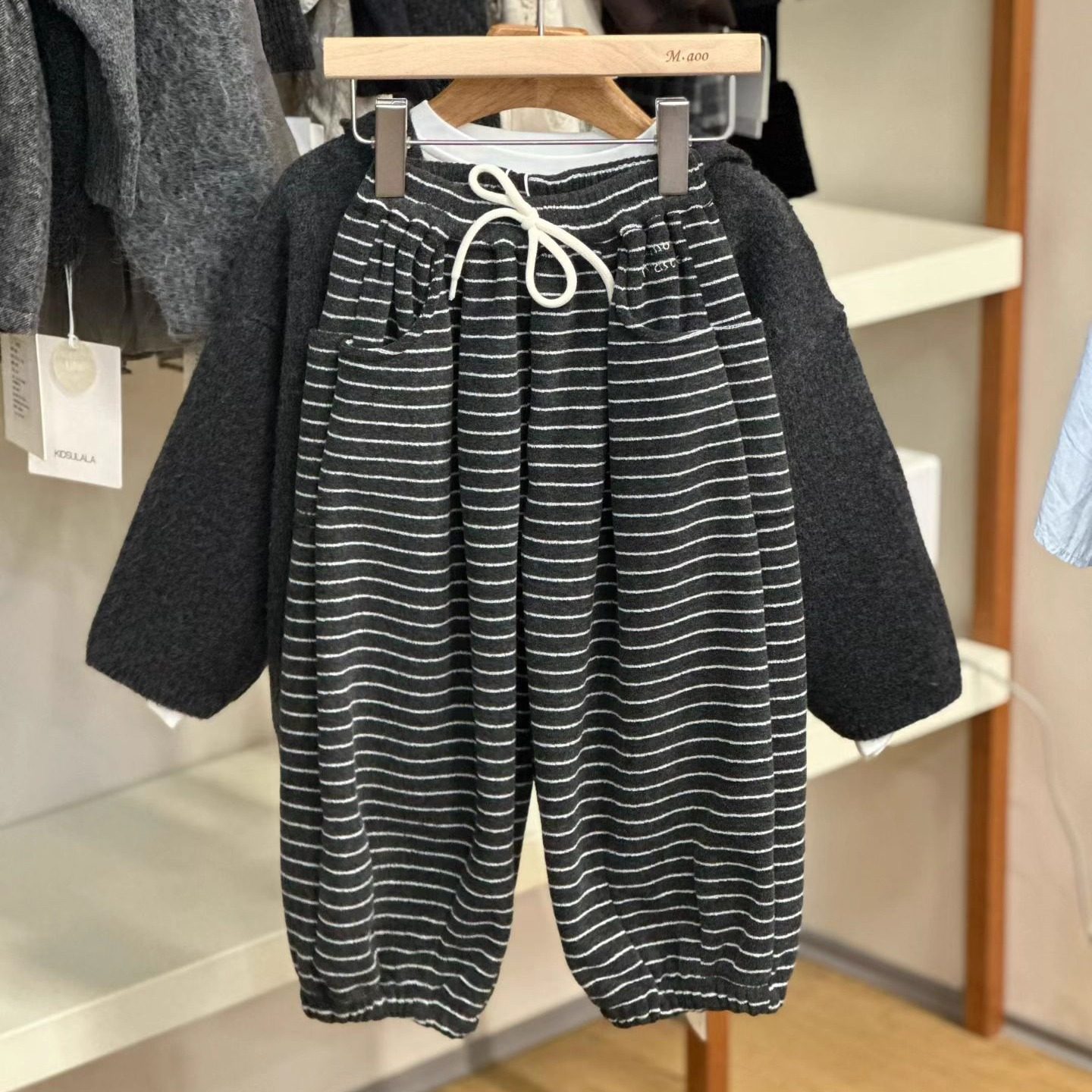 【正品现货】U拉男女童加绒裤子2025冬装新款条纹裤束脚裤洋气
