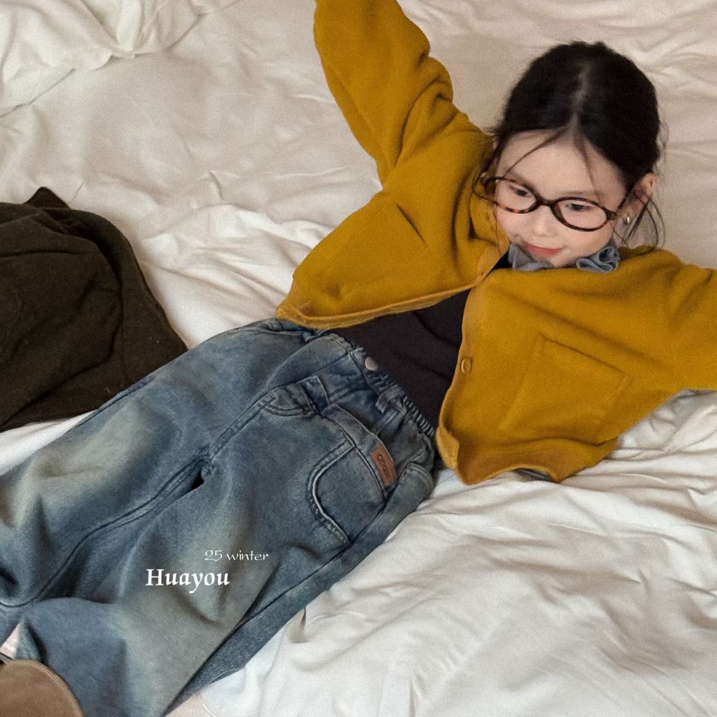 花呦男女童牛仔裤加绒2025冬装新款儿童韩版洋气小众阔腿裤子