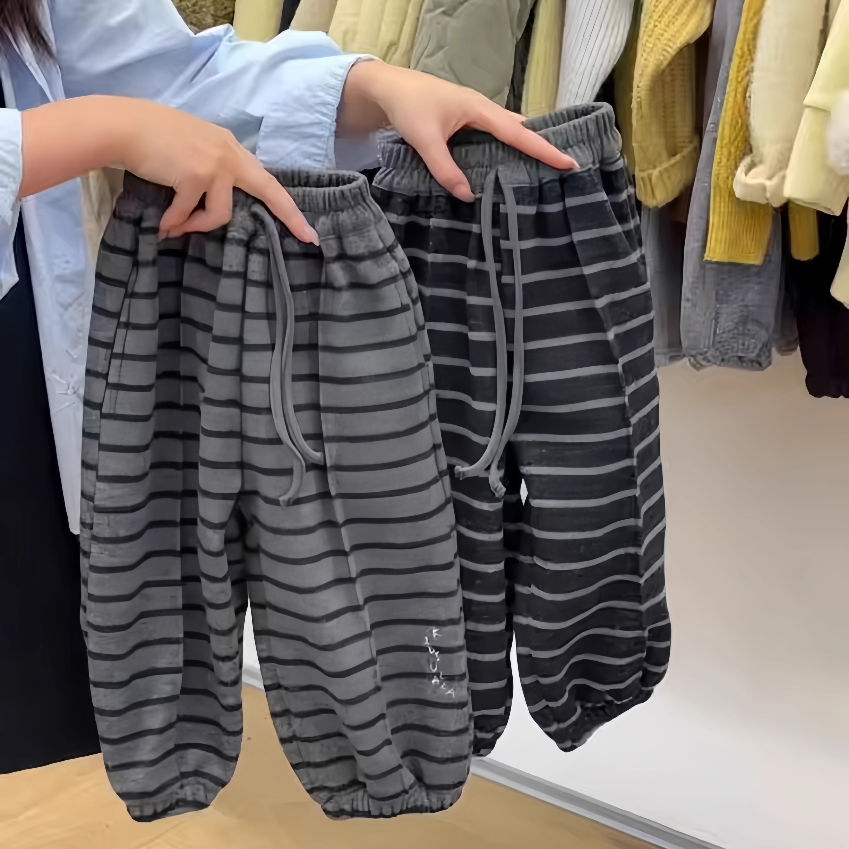 【正品现货】U拉男女童条纹裤加绒2025冬装新款儿童宽松束脚裤子