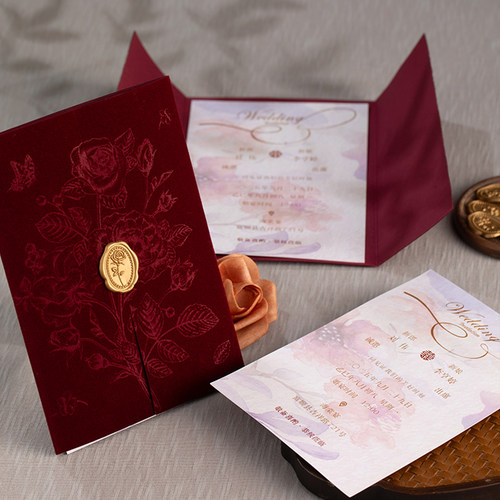 婚礼请柬丝绒布酒红邀请函