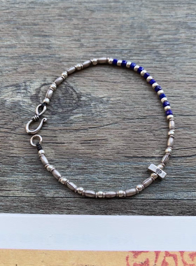 【瑾】原创纯银珠不规则青金石碎银手链 手编手链 脚链 情侣手链