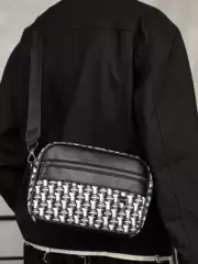 2026 New Korean Style Canvas Men's Shoulder Bag, Fashionable Unisex Black and White Checkered Crossbody Japanese-Style Small Bag