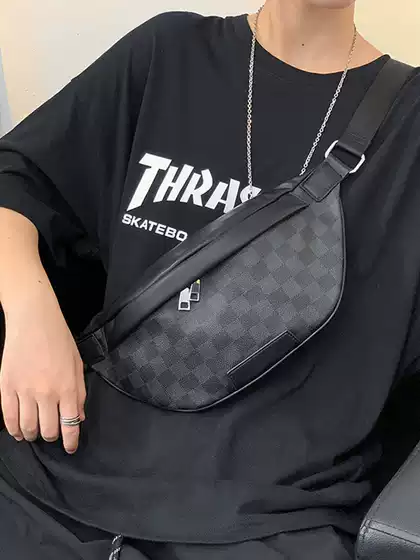 Men's Chest Bag, Simple Casual Leather Men's Shoulder Bag, Fashionable Plaid European and American Style Men's Bag, Trendy Brand Men's Waist Bag, Crossbody Bag