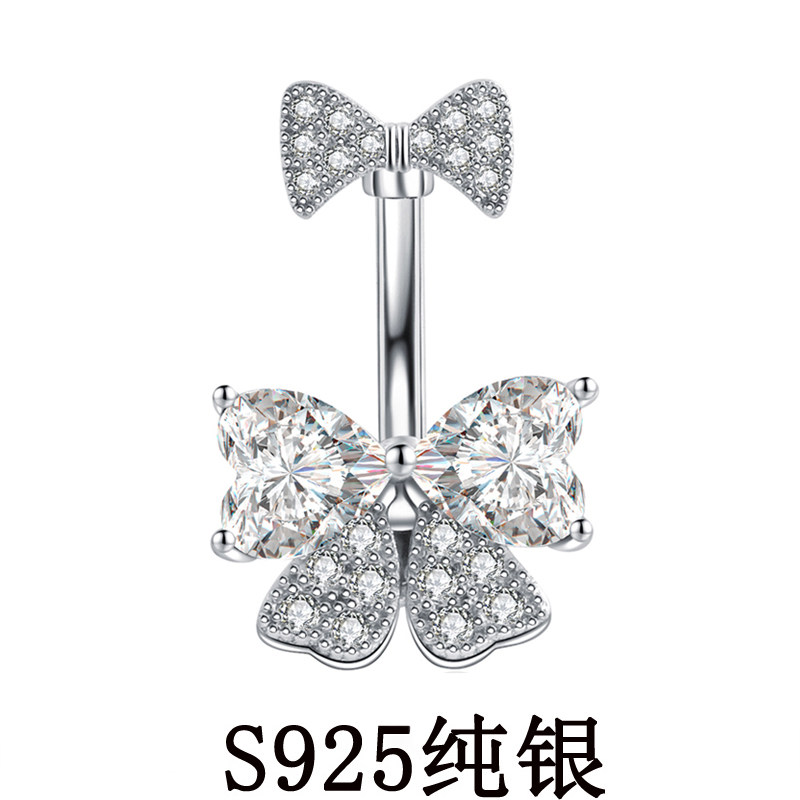 肚脐钉纯银925蝴蝶结白色爱心锆石粗针通体防过敏领结桃心肚脐环