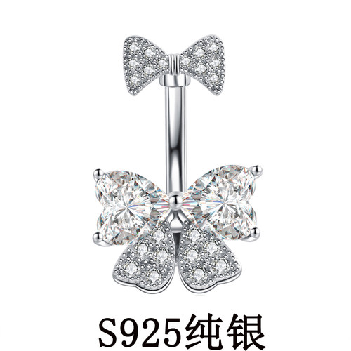 通体纯银925爱心蝴蝶结肚脐钉