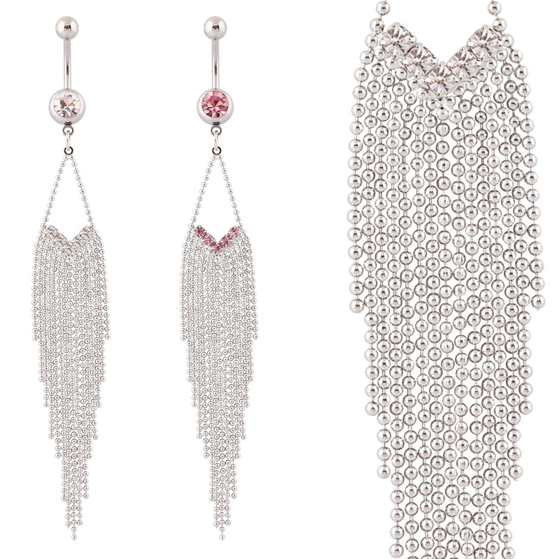 肚脐钉性感吊坠脐环扣防过敏医用钢粗针V形爪链流苏人体穿刺14G