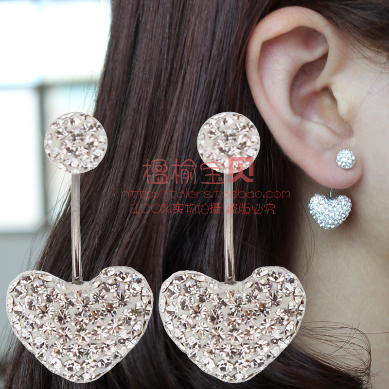 满钻球桃心形耳环防过敏医用不锈钛钢针白色进口水钻香巴拉饰品