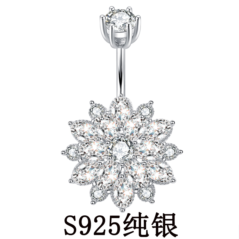 通体纯银925大花锆石粗杆肚脐钉