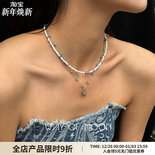 WAY MOON原创设计师天然方块地图石绿松石叠戴项链小众锁骨链