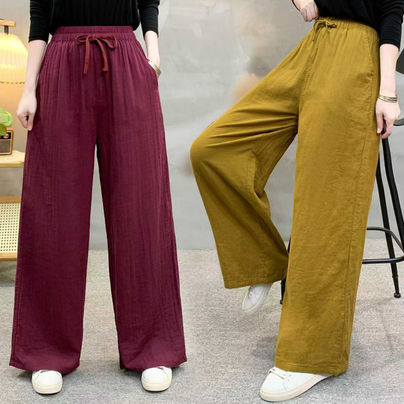 2025年夏季新款双层棉纱直筒裤女复古宽松休闲长裤大码纯色阔腿裤
