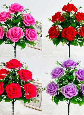 仿真红色玫瑰花束6头卷边玫瑰花假花绢花塑料花客厅装饰摆件干花