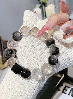 天然水晶 银曜水晶设计感手链 大颗粒烟晶水晶手串 水晶手饰品diy