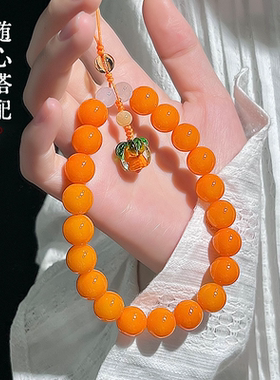 普陀山似锦橙色菩提根手机链闺蜜百搭款圆珠包包挂件【柿如珍宝】