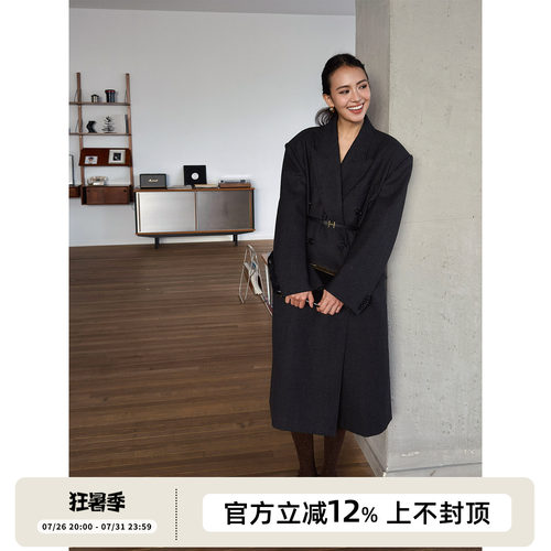 SOTHEA MODERN CHIC LADY全羊毛复古格纹双排扣西装呢子毛呢大衣