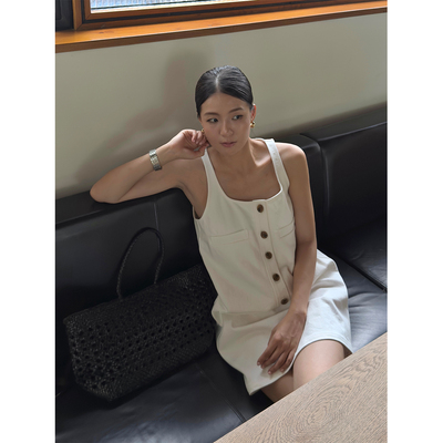 SOTHEA 法式优雅大U领牛仔吊带无袖露肩直筒高腰宽松夏季连衣裙