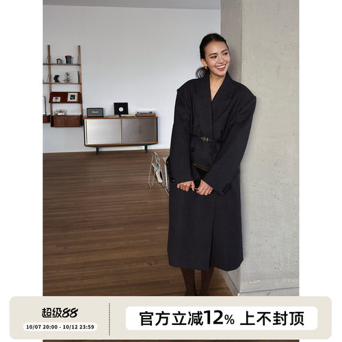 SOTHEA MODERN CHIC LADY全羊毛复古格纹双排扣西装呢子毛呢大衣