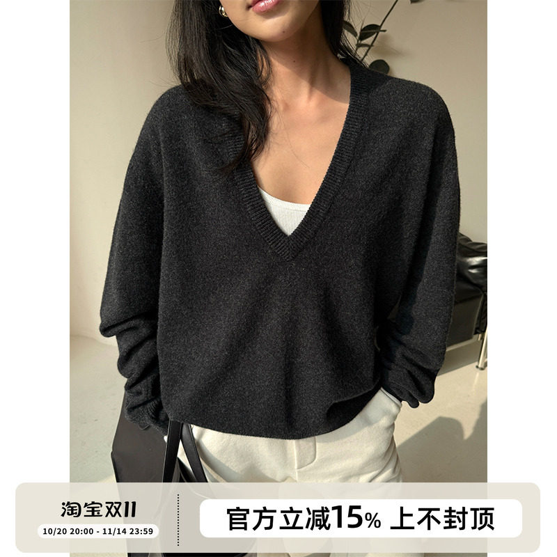 SOTHEA 法式JI_简100%羊毛V领春秋宽松廓形针织慵懒风套头毛衣女