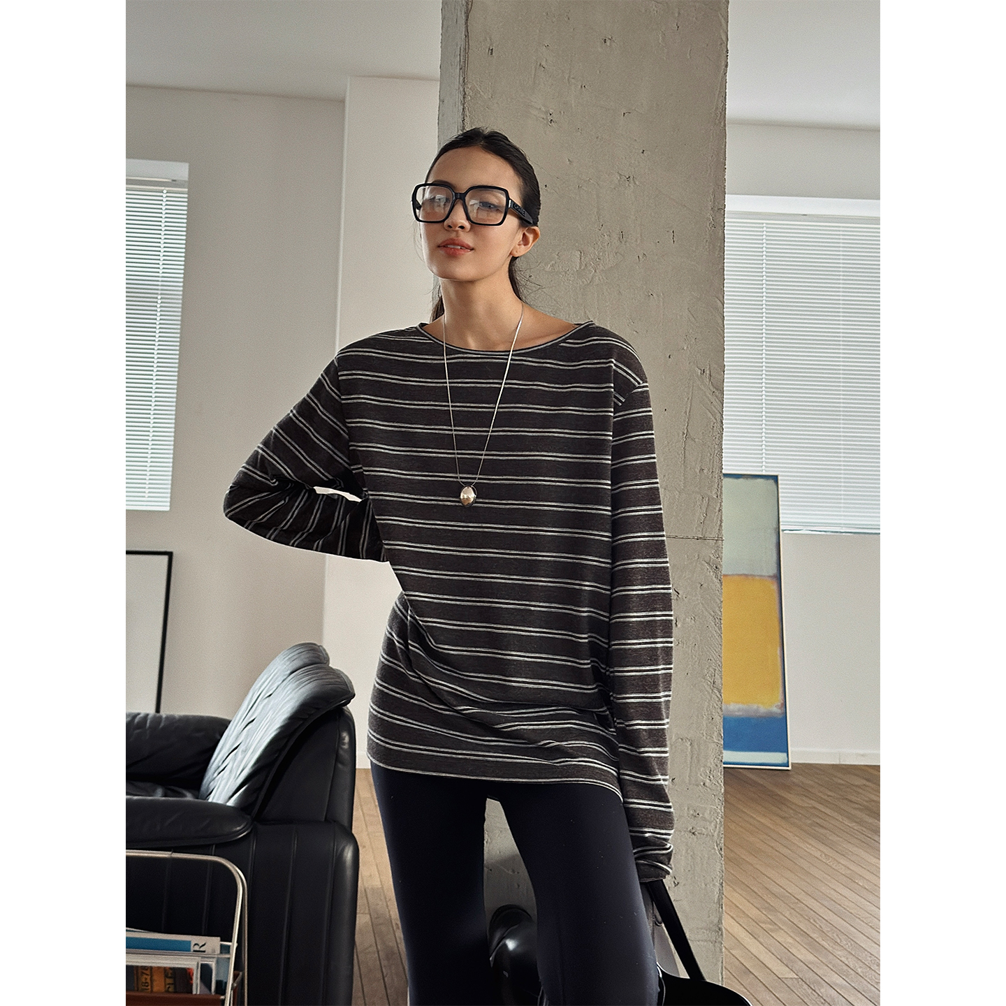 SOTHEA 秋冬时髦内搭-磨毛感棉提花色织条纹打底内搭长袖T恤上衣