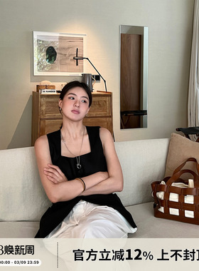 SOTHEA高知通勤老钱风气质亚麻人丝混纺方领背心马甲上衣女2024夏