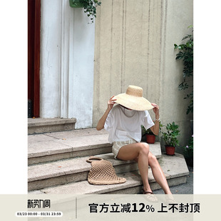 CASA SOTHEA | 经典小香风双袋丝光棉宽松一字领短款短袖T恤女夏