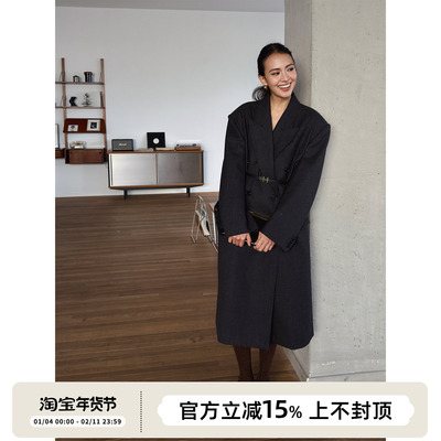 SOTHEA MODERN CHIC LADY全羊毛复古格纹双排扣西装呢子毛呢大衣