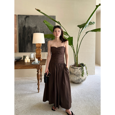 重磅法式全棉抽皱吊带低腰连衣裙