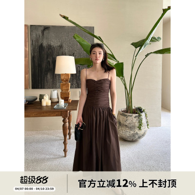 重磅法式全棉抽皱吊带低腰连衣裙