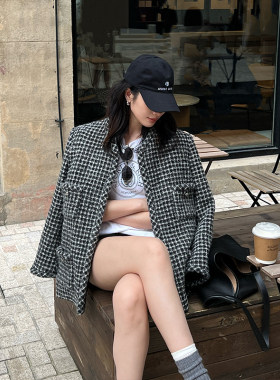 SOTHEA 时髦松弛感 秋冬经典黑白格羊毛小香风粗花呢毛呢短外套女