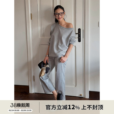 SOTHEA 全棉休闲一字领卫衣/九分微喇裤套装