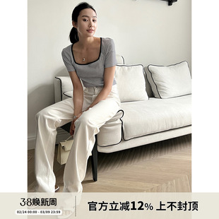 SOTHEA 街头素描 法式博主风经典撞色细条纹T恤夏显瘦方领短袖女