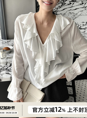 SOTHEA 精致vibe 法式博主复古款长袖V领荷叶边衬衫设计感衬衣秋