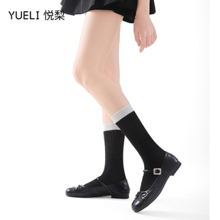 简约黑白色拼接袜子女夏薄款配裙子中筒袜ins潮复古百搭堆堆袜